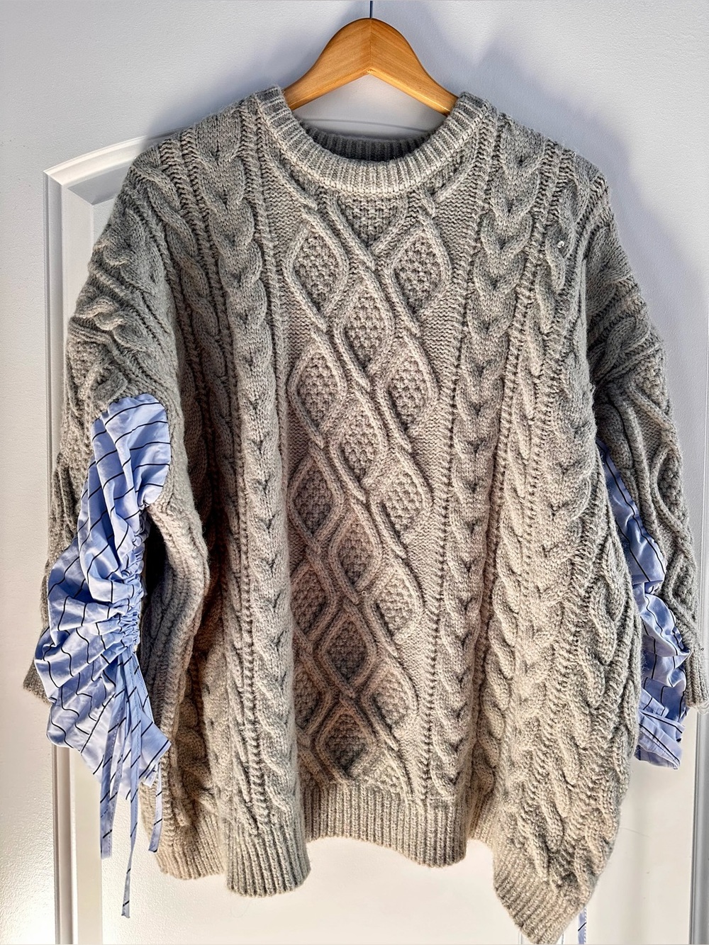 storets Cable Knit Crew Sweater with Blue Sleeve Detail